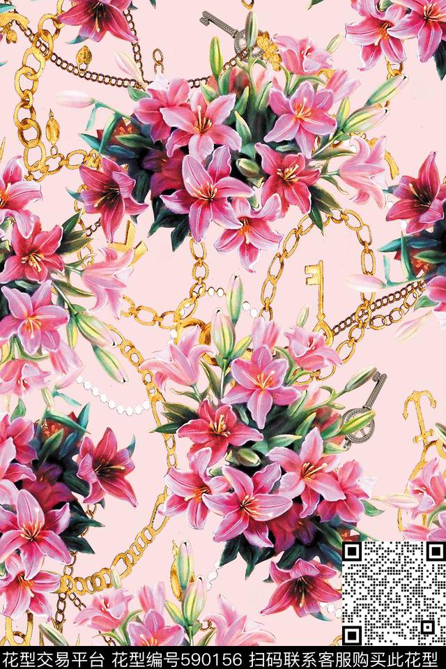 花卉百合链条数码印花华亿平台下载（图片编号: 590156） - 瓦栏（Walan）