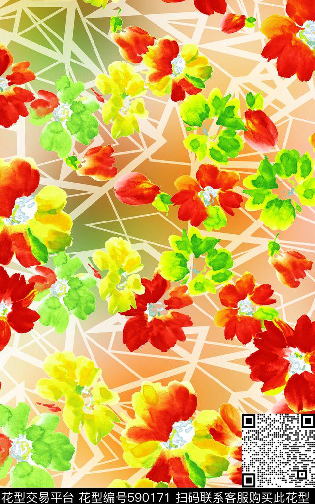 时尚花朵三边形数码印花华亿平台下载（图片编号: 590171） - 瓦栏（Walan）