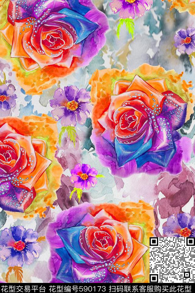 时尚水彩手绘数码印花华亿平台下载（图片编号: 590173） - 瓦栏（Walan）