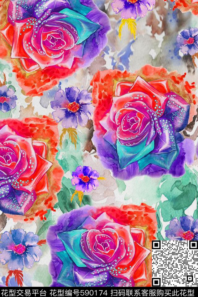 时尚水彩手绘数码印花华亿平台下载（图片编号: 590174） - 瓦栏（Walan）