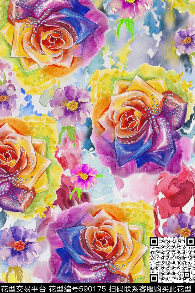 时尚水彩手绘数码印花华亿平台下载（图片编号: 590175） - 瓦栏（Walan）