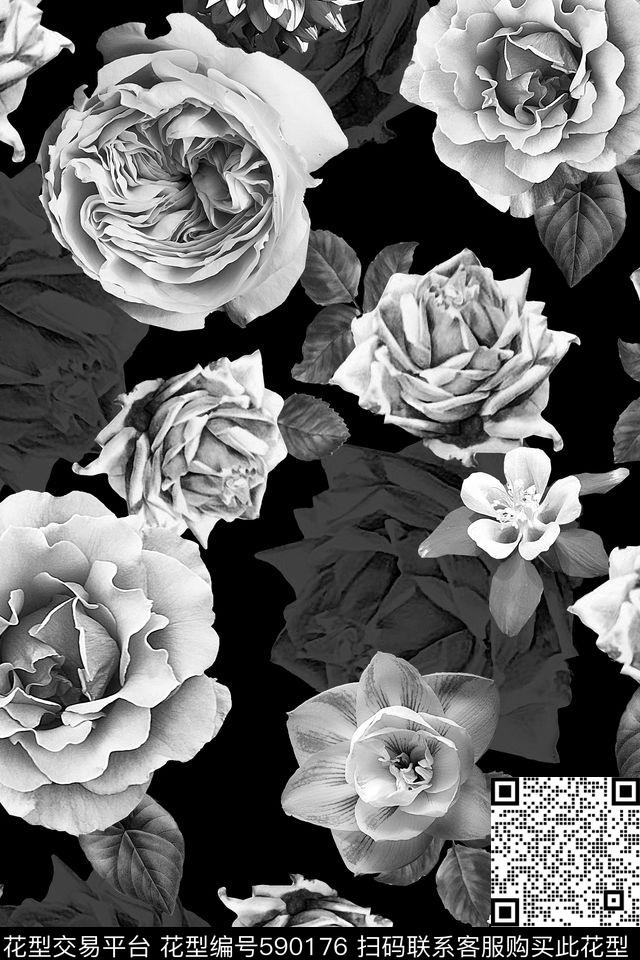 潮流时尚大牌黑白花卉数码印花华亿平台下载（图片编号: 590176） - 瓦栏（Walan）