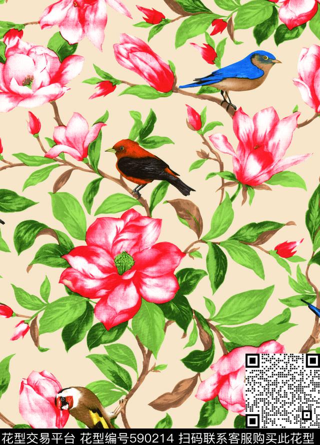 复古花鸟枝叶数码印花华亿平台下载（图片编号: 590214） - 瓦栏（Walan）