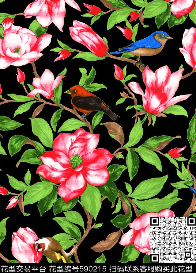 复古花鸟枝叶数码印花华亿平台下载（图片编号: 590215） - 瓦栏（Walan）
