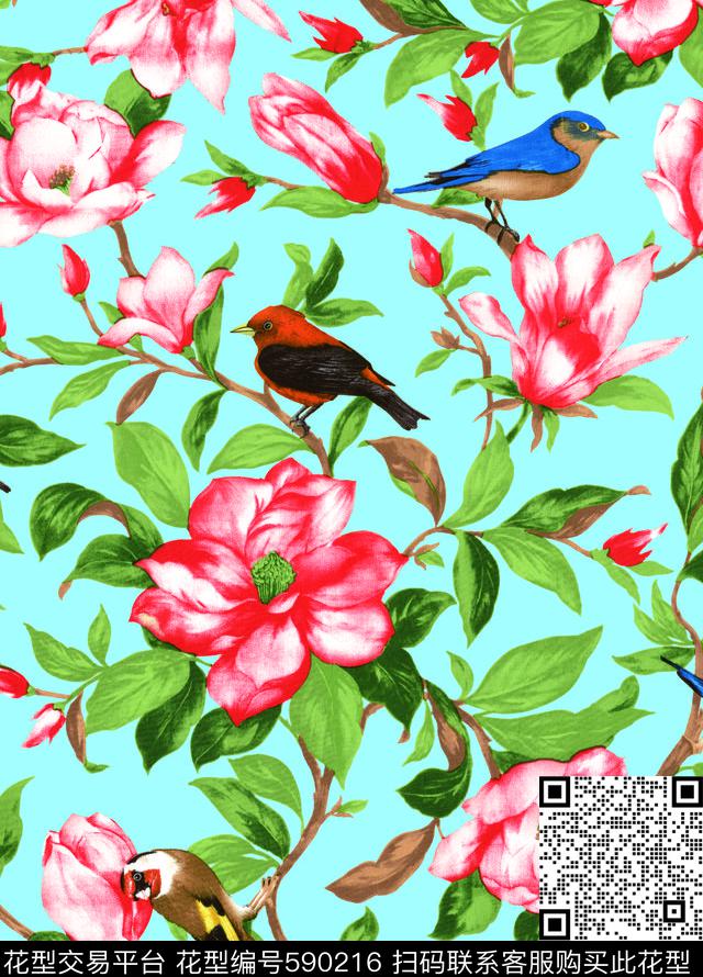 复古花鸟枝叶数码印花华亿平台下载（图片编号: 590216） - 瓦栏（Walan）
