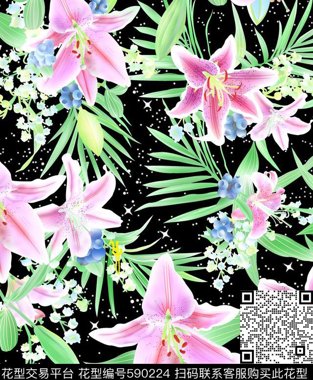 百合花卉花朵数码印花华亿平台下载（图片编号: 590224） - 瓦栏（Walan）