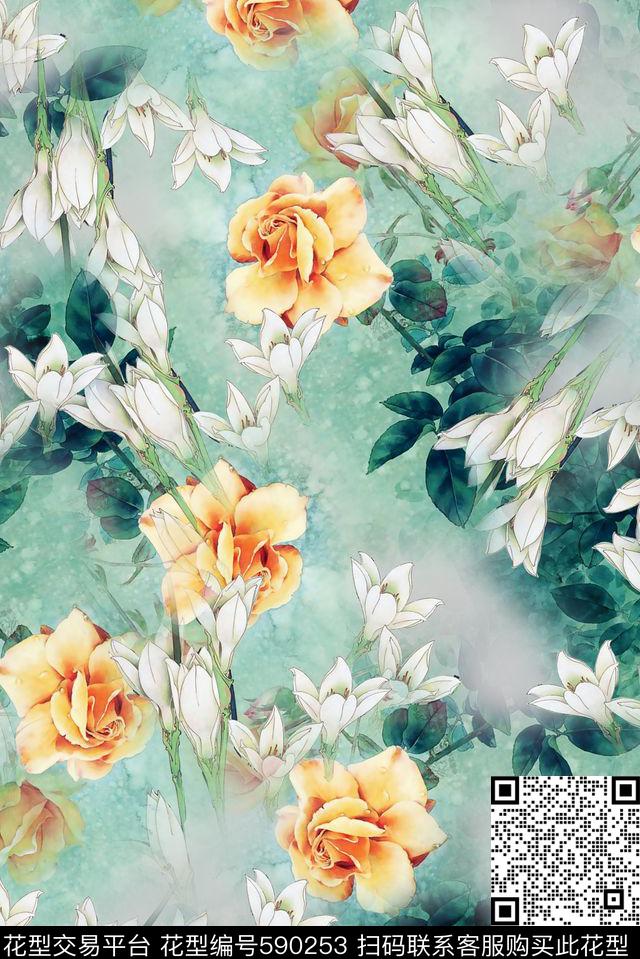 中国风手绘大气清新典雅数码印花华亿平台下载（图片编号: 590253） - 瓦栏（Walan）