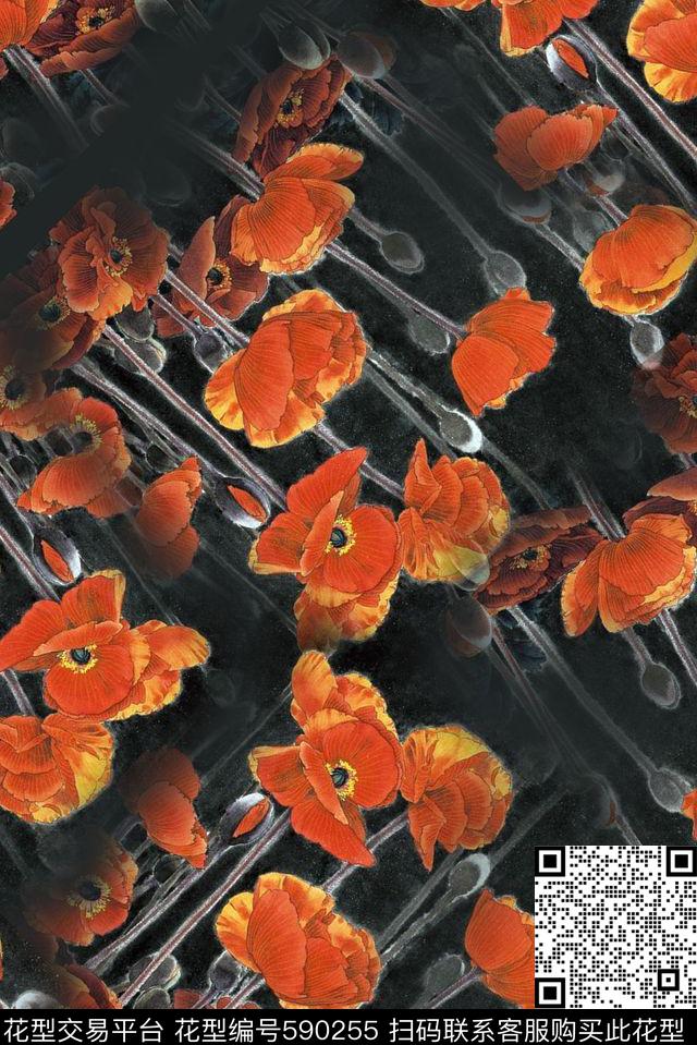 中国风大气手绘原创手绘冷调数码印花华亿平台下载（图片编号: 590255） - 瓦栏（Walan）