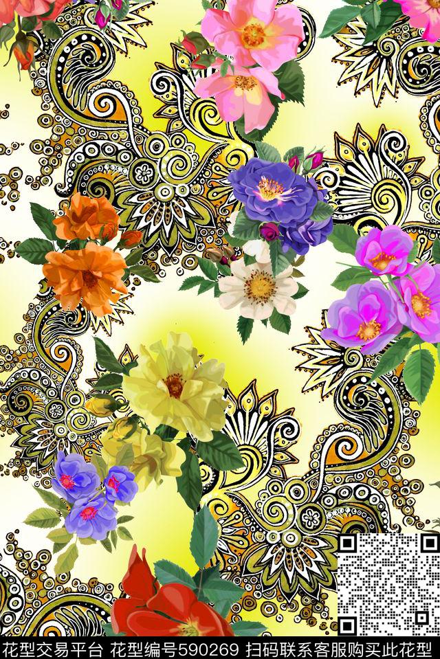 花卉花朵欧式花纹数码印花华亿平台下载（图片编号: 590269） - 瓦栏（Walan）