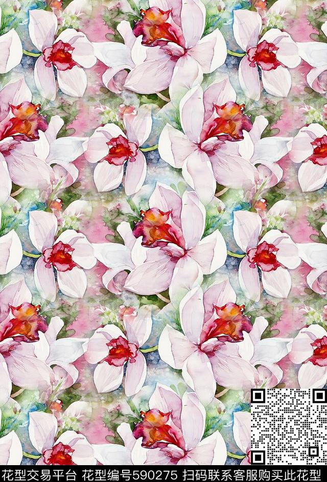手绘。兰花满版泳装数码印花华亿平台下载（图片编号: 590275） - 瓦栏（Walan）
