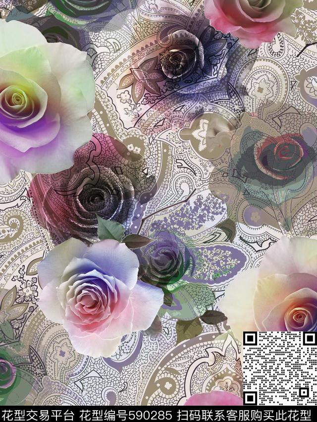 佩兹利花卉中老年。满版数码印花华亿平台下载（图片编号: 590285） - 瓦栏（Walan）