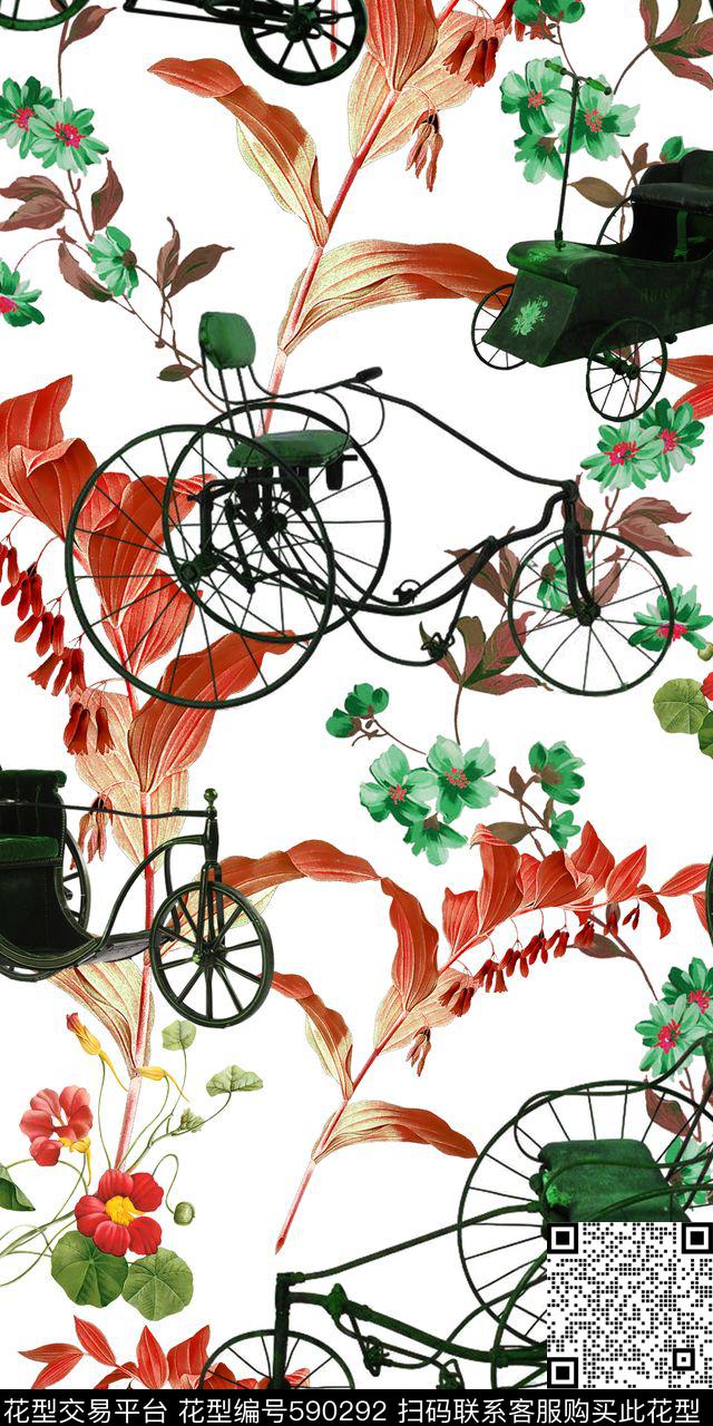 复古老爷车植物数码印花华亿平台下载（图片编号: 590292） - 瓦栏（Walan）