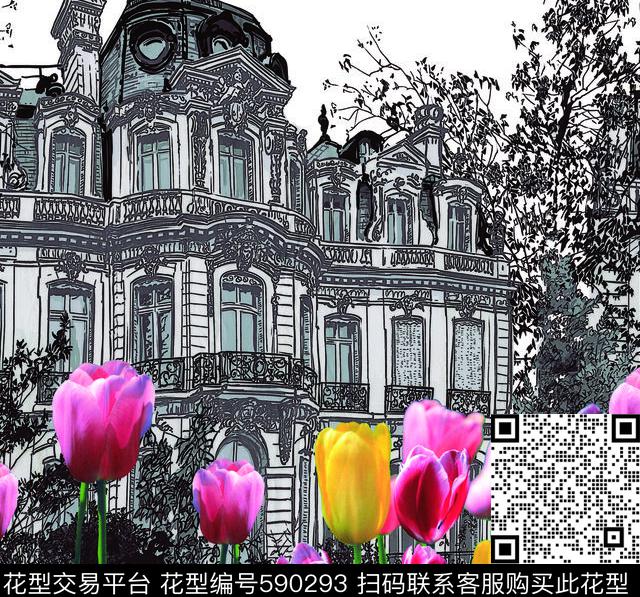 建筑花朵郁金香数码印花华亿平台下载（图片编号: 590293） - 瓦栏（Walan）