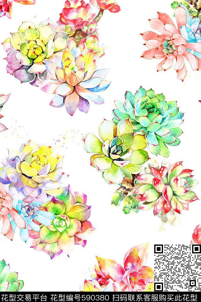 时尚水彩多肉植物数码印花华亿平台下载（图片编号: 590380） - 瓦栏（Walan）