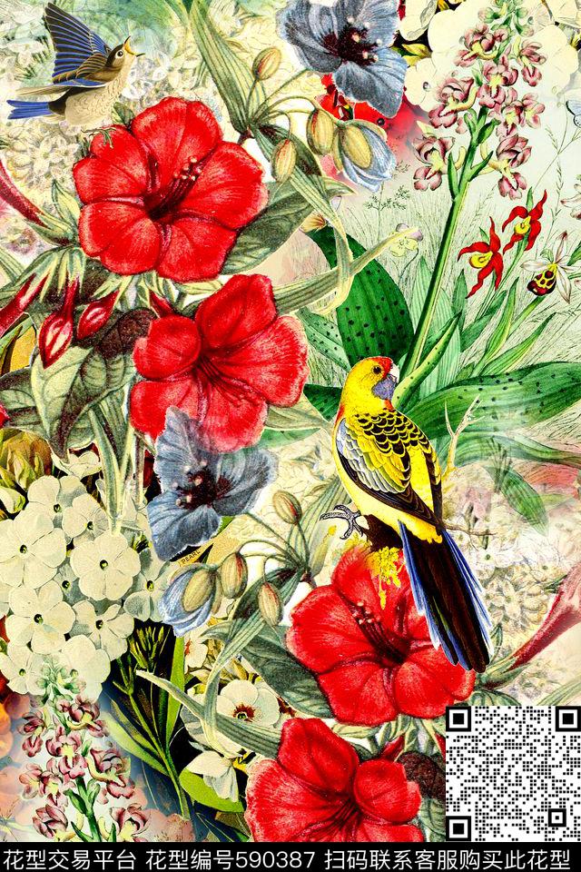时尚手绘花卉数码印花华亿平台下载（图片编号: 590387） - 瓦栏（Walan）