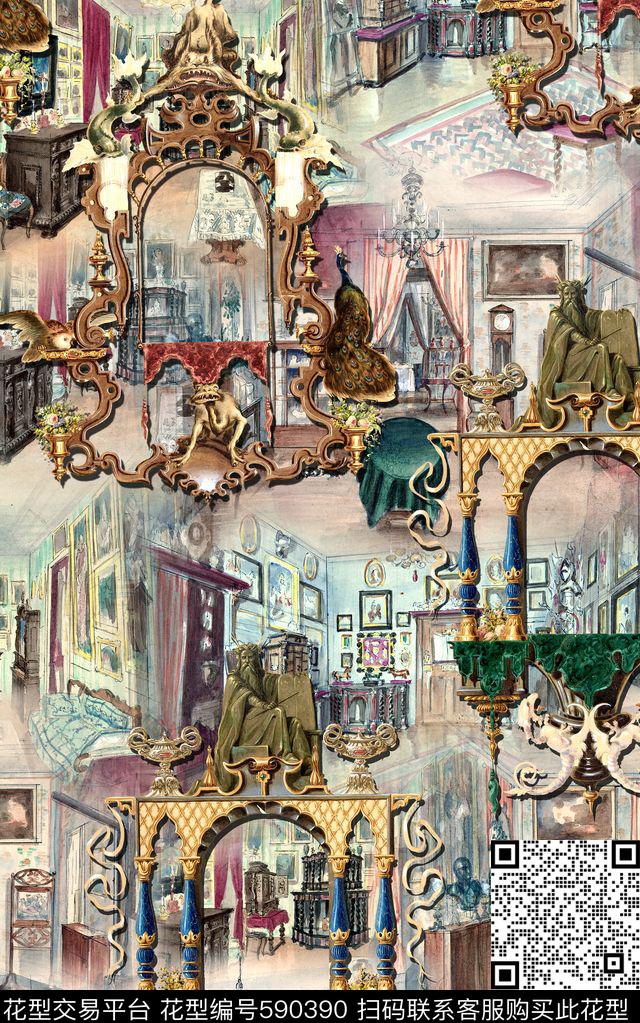欧式复古卷草数码印花华亿平台下载（图片编号: 590390） - 瓦栏（Walan）