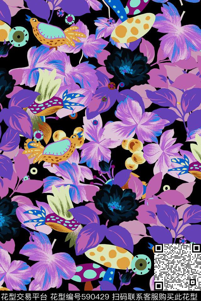 手绘牡丹花花鸟树藤叶子数码印花华亿平台下载（图片编号: 590429） - 瓦栏（Walan）