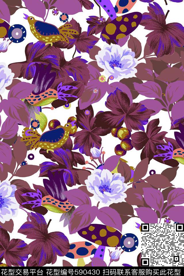 手绘牡丹花花鸟树藤叶子数码印花华亿平台下载（图片编号: 590430） - 瓦栏（Walan）