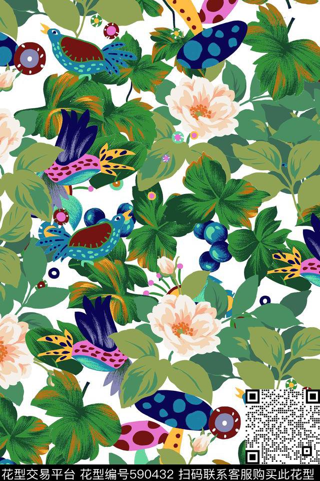手绘牡丹花花鸟树藤叶子数码印花华亿平台下载（图片编号: 590432） - 瓦栏（Walan）