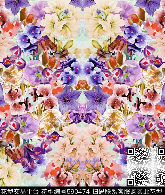 手绘白花齐放中老年数码印花华亿平台下载（图片编号: 590474） - 瓦栏（Walan）