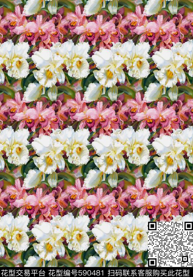 手绘。花卉。定位满版中老年数码印花华亿平台下载（图片编号: 590481） - 瓦栏（Walan）