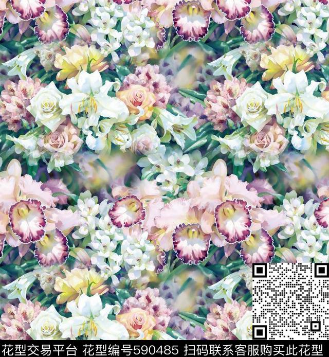 手绘花卉定位数码印花华亿平台下载（图片编号: 590485） - 瓦栏（Walan）