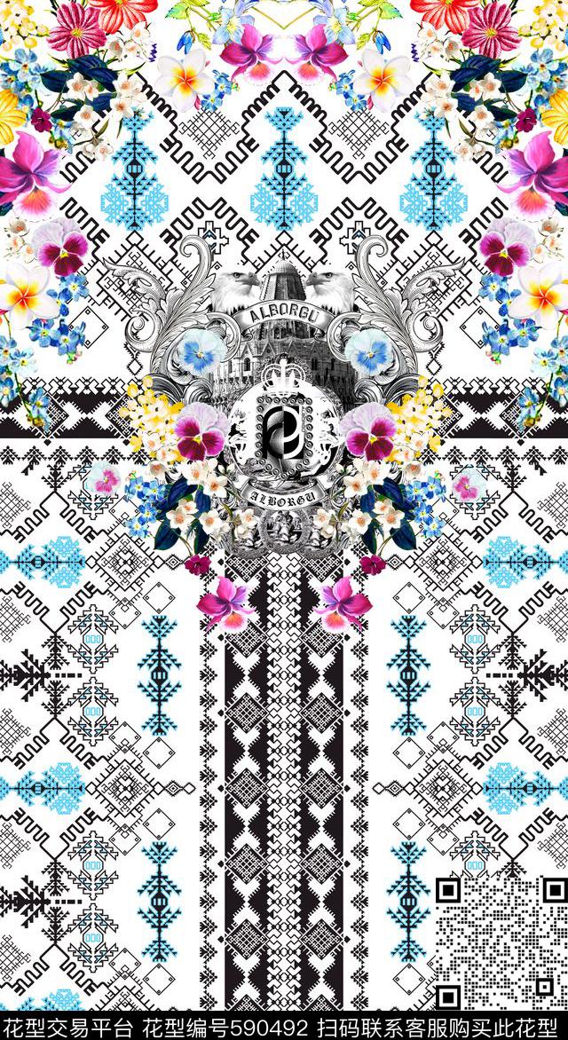 时尚几何花卉数码印花华亿平台下载（图片编号: 590492） - 瓦栏（Walan）