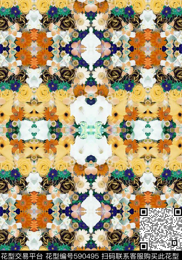 花卉定位手绘数码印花华亿平台下载（图片编号: 590495） - 瓦栏（Walan）