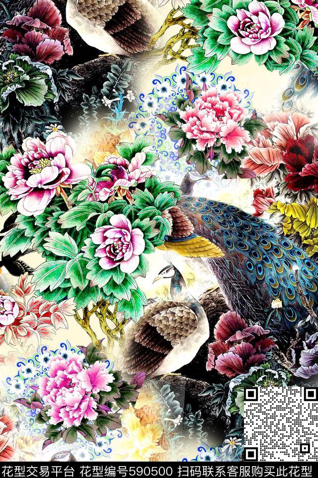中国风孔雀牡丹花数码印花华亿平台下载（图片编号: 590500） - 瓦栏（Walan）