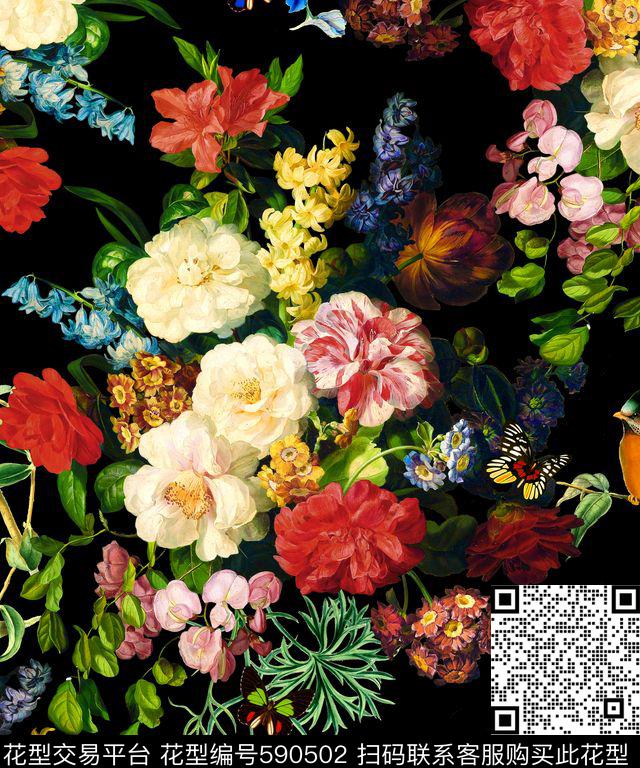 时尚油画花卉小鸟数码印花华亿平台下载（图片编号: 590502） - 瓦栏（Walan）