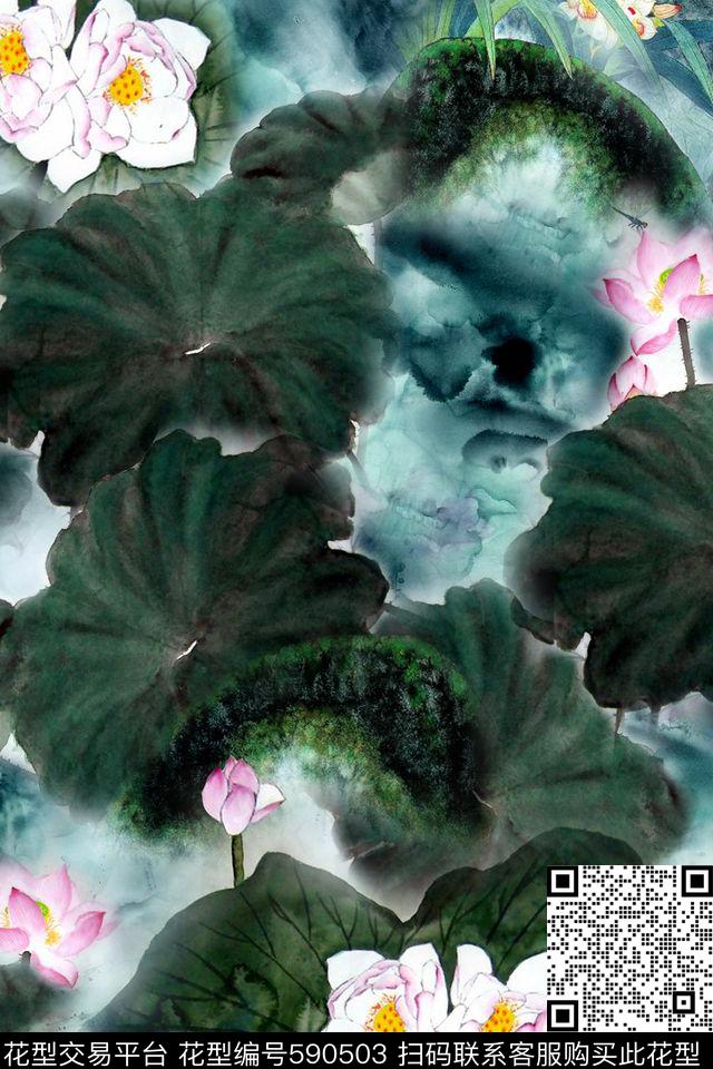 中国风水墨护花连衣裙雪纺数码印花华亿平台下载（图片编号: 590503） - 瓦栏（Walan）