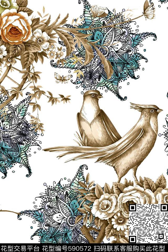 花鸟复古佩斯利数码印花华亿平台下载（图片编号: 590572） - 瓦栏（Walan）