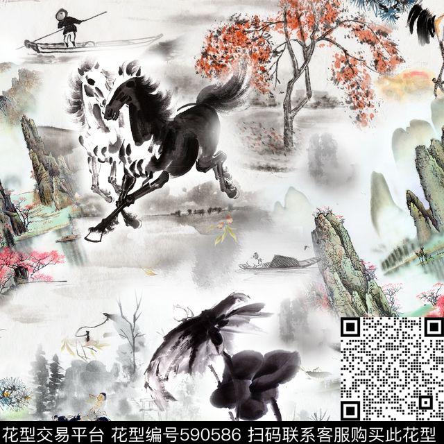 民族风山水鸟类花卉数码印花华亿平台下载（图片编号: 590586） - 瓦栏（Walan）