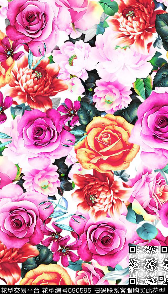 时尚满版写实花卉玫瑰牡丹沙发围巾沙发短裙箱包I【花卉】数码印花华亿平台下载（图片编号: 590595） - 瓦栏（Walan）