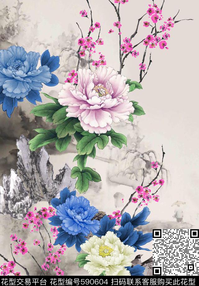 水墨工笔画山水画数码印花华亿平台下载（图片编号: 590604） - 瓦栏（Walan）