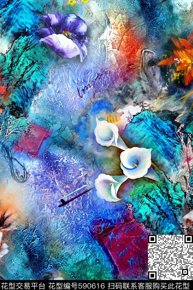 时尚油画肌理花卉数码印花华亿平台下载（图片编号: 590616） - 瓦栏（Walan）