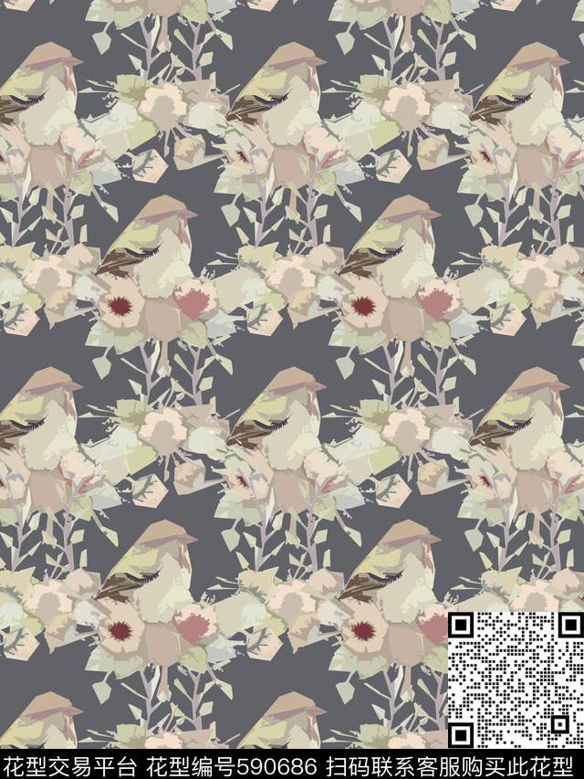 木刻小鸟动物。衬衫数码印花华亿平台下载（图片编号: 590686） - 瓦栏（Walan）