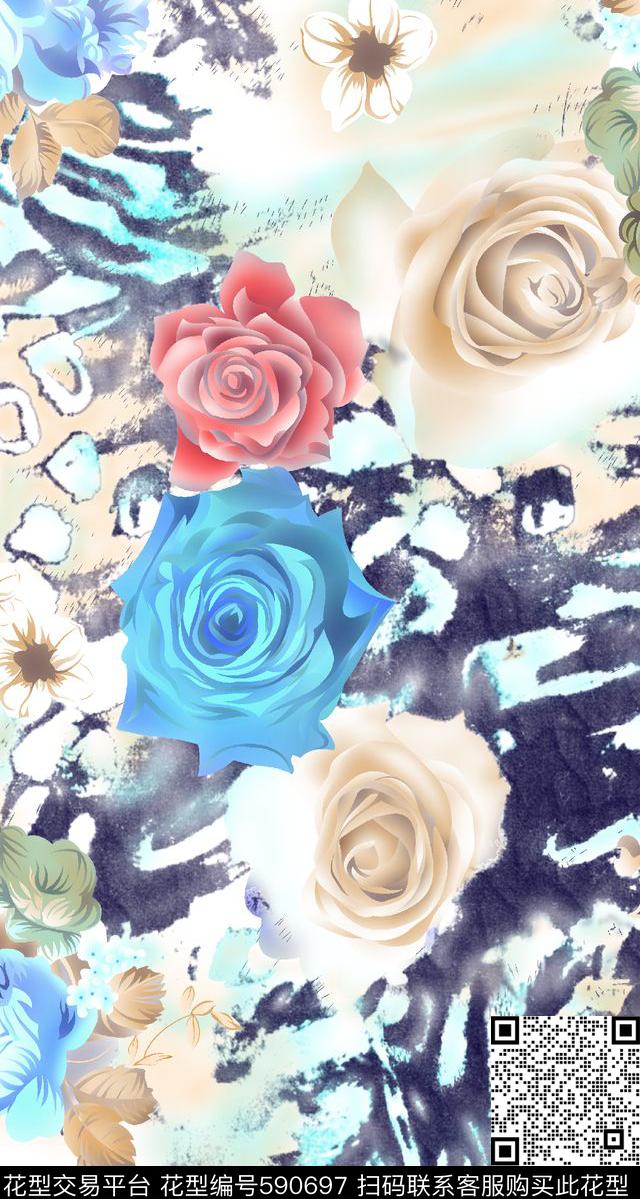 假拼接花朵花卉数码印花华亿平台下载（图片编号: 590697） - 瓦栏（Walan）