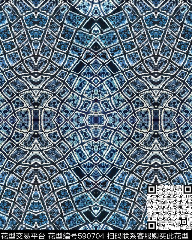 手工民族系列扎染蓝色方格中性男装女装数码印花华亿平台下载（图片编号: 590704） - 瓦栏（Walan）