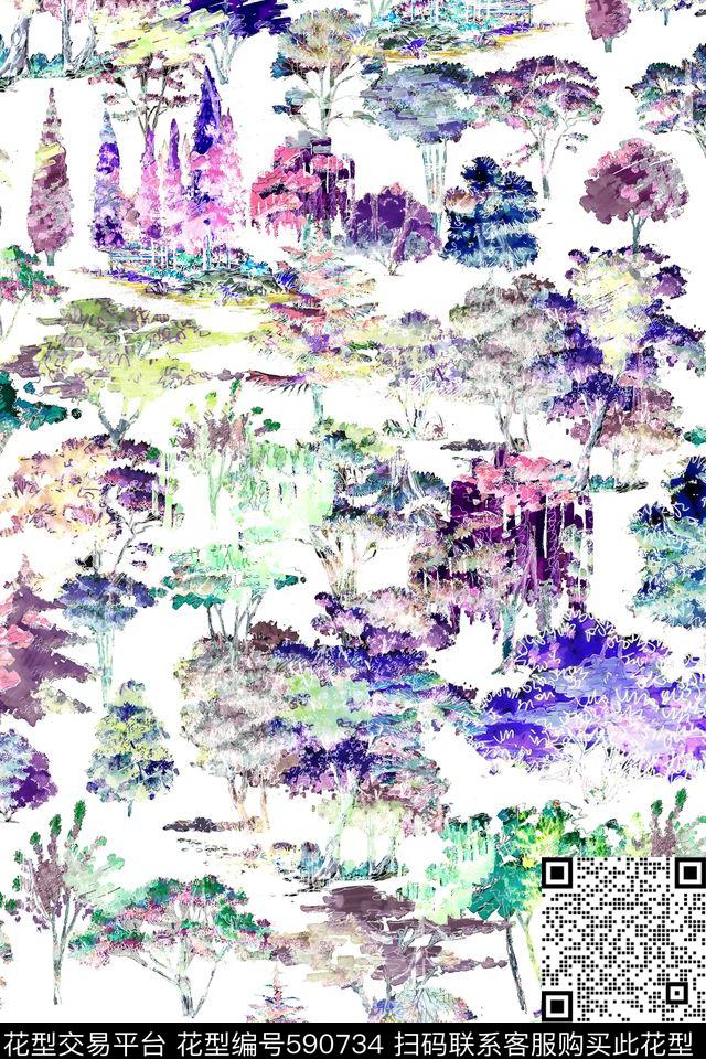 水彩水墨灌木数码印花华亿平台下载（图片编号: 590734） - 瓦栏（Walan）
