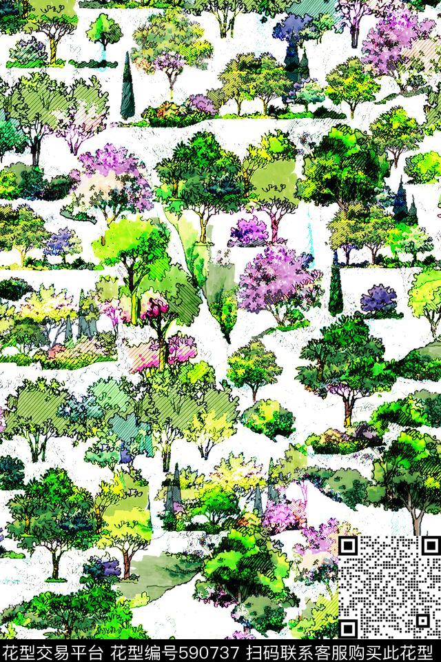 水彩水墨乔木数码印花华亿平台下载（图片编号: 590737） - 瓦栏（Walan）