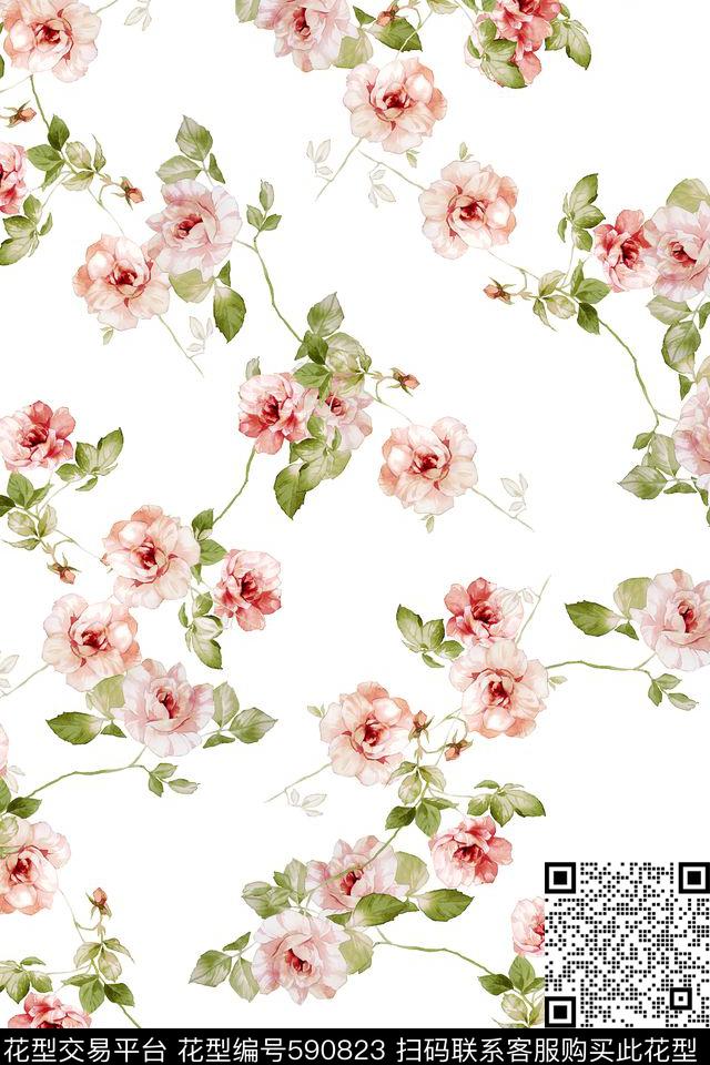 小碎花玫瑰清新数码印花华亿平台下载（图片编号: 590823） - 瓦栏（Walan）