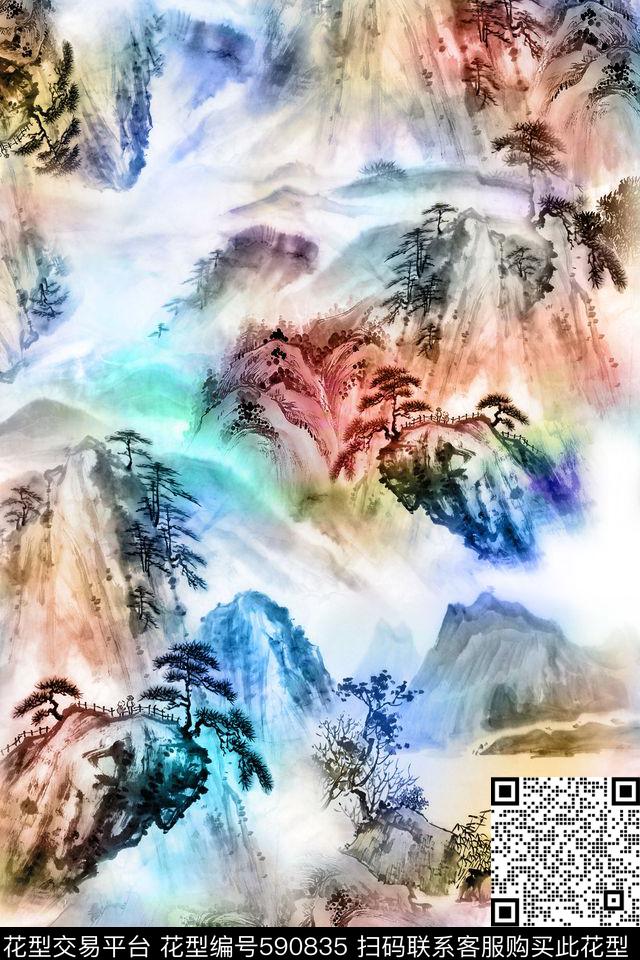 山水画风景中国风数码印花华亿平台下载（图片编号: 590835） - 瓦栏（Walan）
