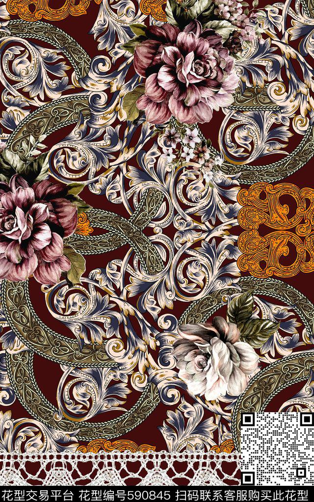 欧式卷草蕾丝数码印花华亿平台下载（图片编号: 590845） - 瓦栏（Walan）