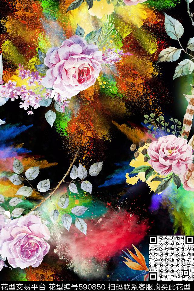花朵花卉彩色粉尘数码印花华亿平台下载（图片编号: 590850） - 瓦栏（Walan）