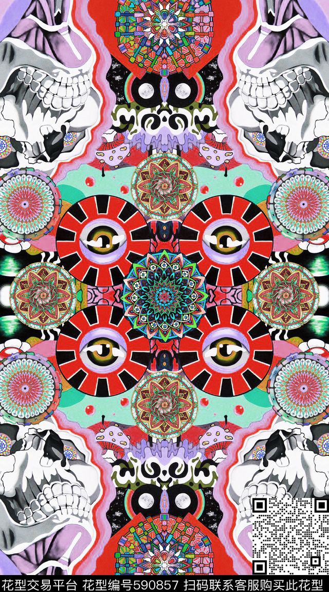 黑白几何骷髅头数码印花华亿平台下载（图片编号: 590857） - 瓦栏（Walan）