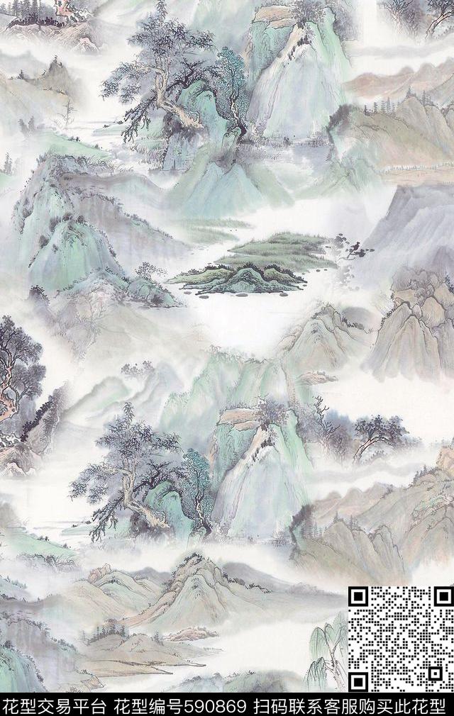 中国风山水风景数码印花华亿平台下载（图片编号: 590869） - 瓦栏（Walan）