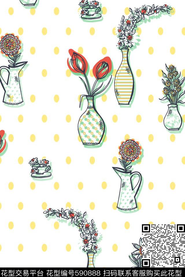 趣味花瓶波点传统印花华亿平台下载（图片编号: 590888） - 瓦栏（Walan）
