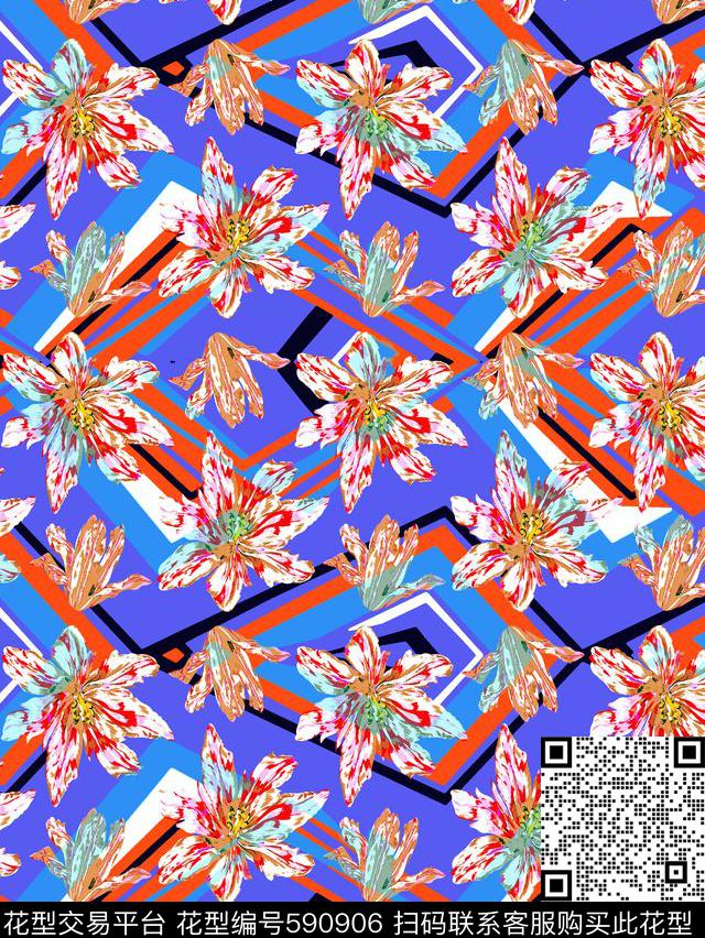 几何拼接花卉几何传统印花华亿平台下载（图片编号: 590906） - 瓦栏（Walan）