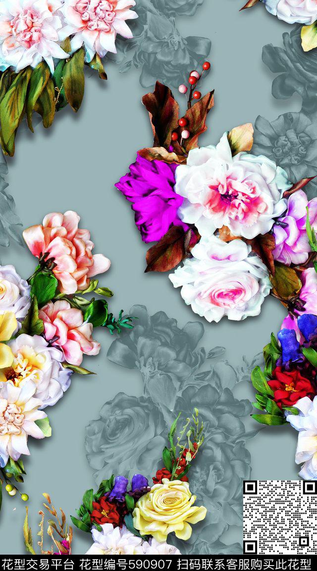 立体布带大花数码印花华亿平台下载（图片编号: 590907） - 瓦栏（Walan）